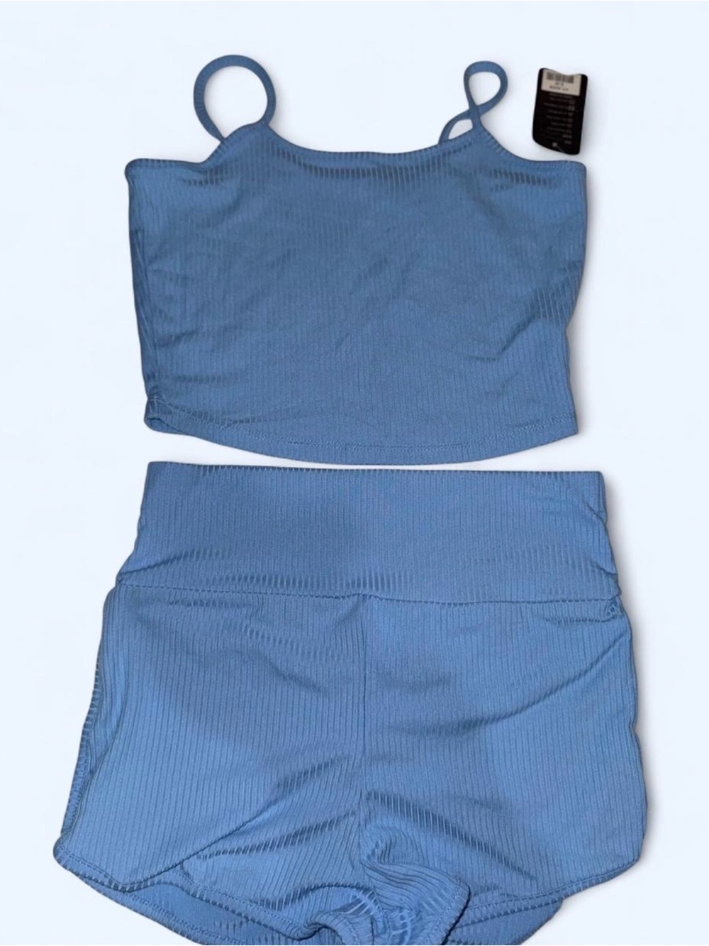 Ribbed Spaghetti-Strap Crop Top & High-Waist Shorts Set — Blue